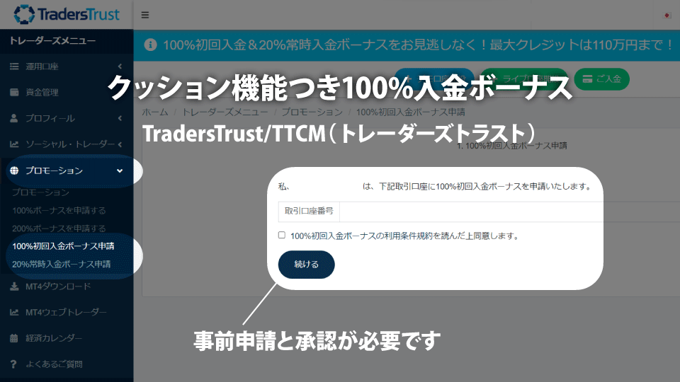 海外FX業者 TradersTrust/TTCM（トレーダーズトラスト）のクッション機能つき100%入金ボーナスの受け取りには、事前申請が必要です。