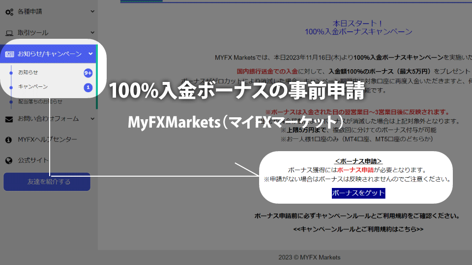 海外FX業者 MyFXMarkets（マイFXマーケット）の100%入金ボーナスの受け取り申請の方法です。