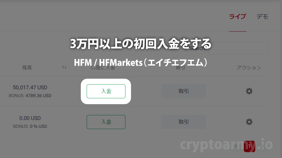 海外FX業者 HFM / HFMarkets（エイチエフエム）のロイヤルティプログラム「取引リワード」で100 HFMバーを受け取るために入金する。