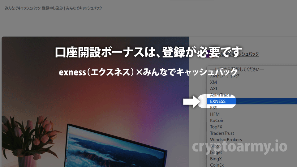 海外FX業者 exness（エクスネス）の口座開設ボーナスの受け取りには、みんなでキャッシュバックへの登録が必要です。