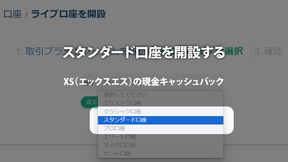 海外FX業者 XS（エックスエス）の現金キャッシュバックは、スタンダード口座でもらえます。