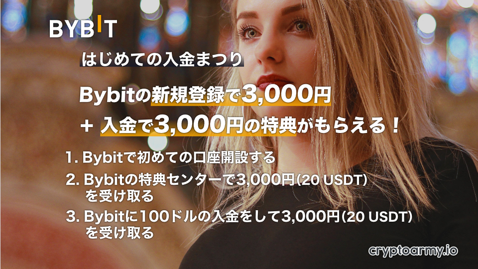 Bybit（バイビット）の新規登録で3,000円+入金で3,000円の特典がもらえる！はじめての入金まつり！